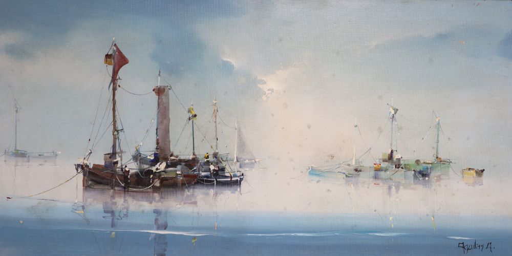 Jorge Aquilar-Agon (1936-), oil on canvas, Calm Mooring, signed, Frost and Reed label verso, 39 x 79cm